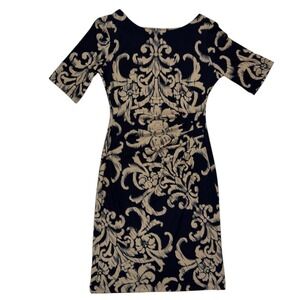 Connected Apparel Sheath Dress 4P Navy Tan Ruched Ikat Damask Cocktail Workwear